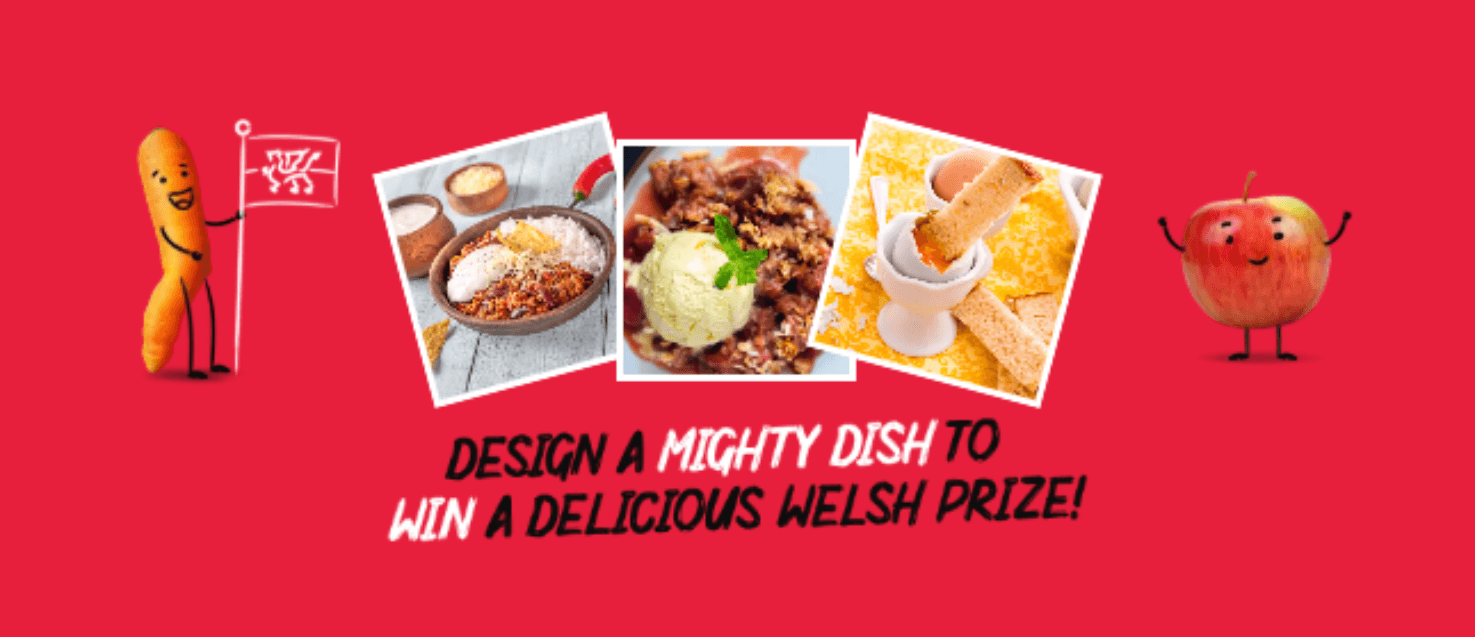 red banner with photos of 3 dishes and text: Design a mighty dish to win a delicious welsh prize!"